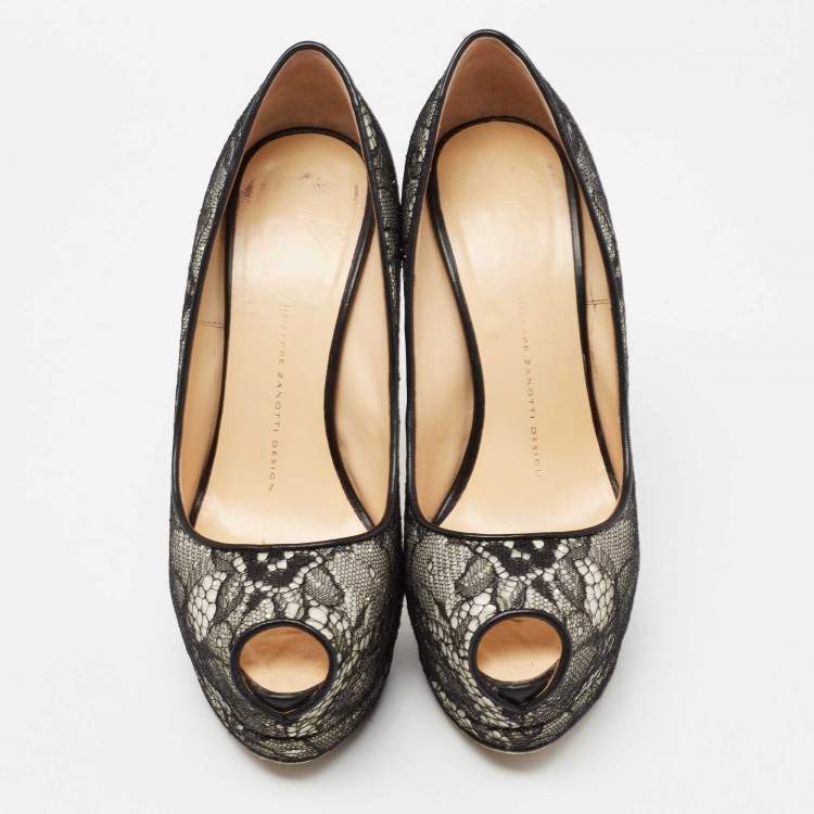 Pre Owned Giuseppe Zanotti Black/White Lace and Glitter Peep-Toe Platform Pumps Size 38.5