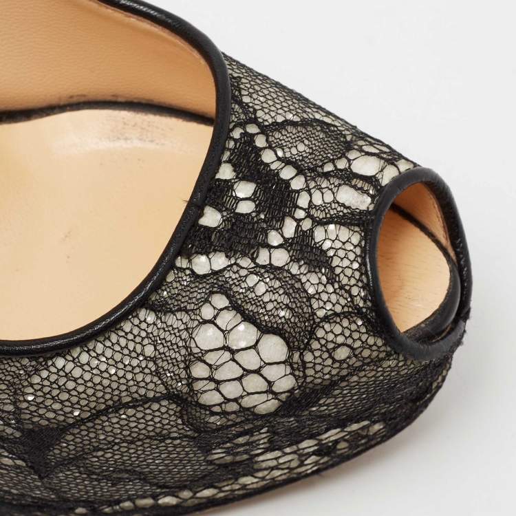 Pre Owned Giuseppe Zanotti Black/White Lace and Glitter Peep-Toe Platform Pumps Size 38.5