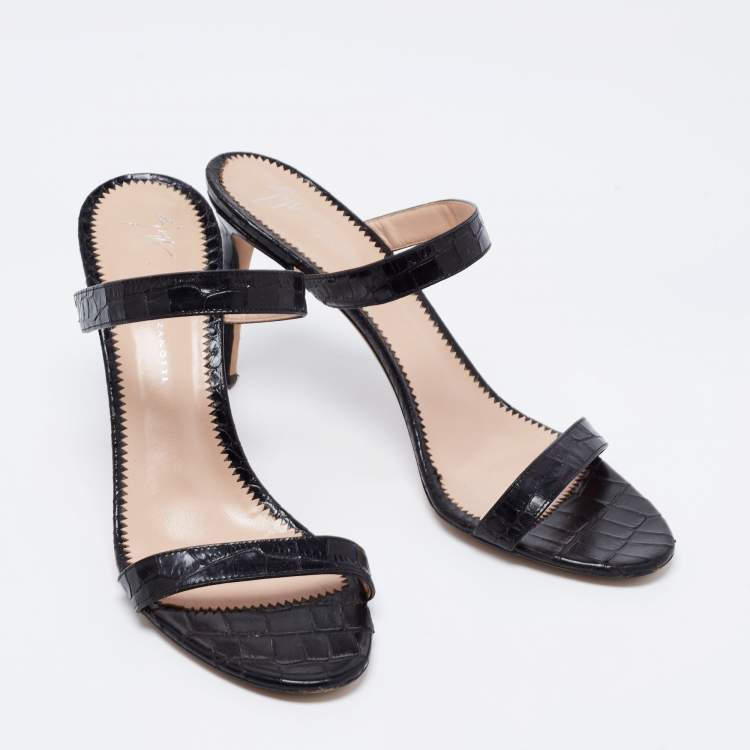 Pre Owned Giuseppe Zanotti Black Croc Embossed Leather Calista Slide Sandals Size 40