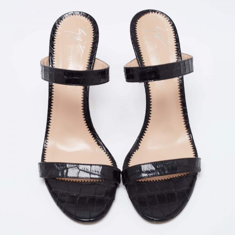 Pre Owned Giuseppe Zanotti Black Croc Embossed Leather Calista Slide Sandals Size 40