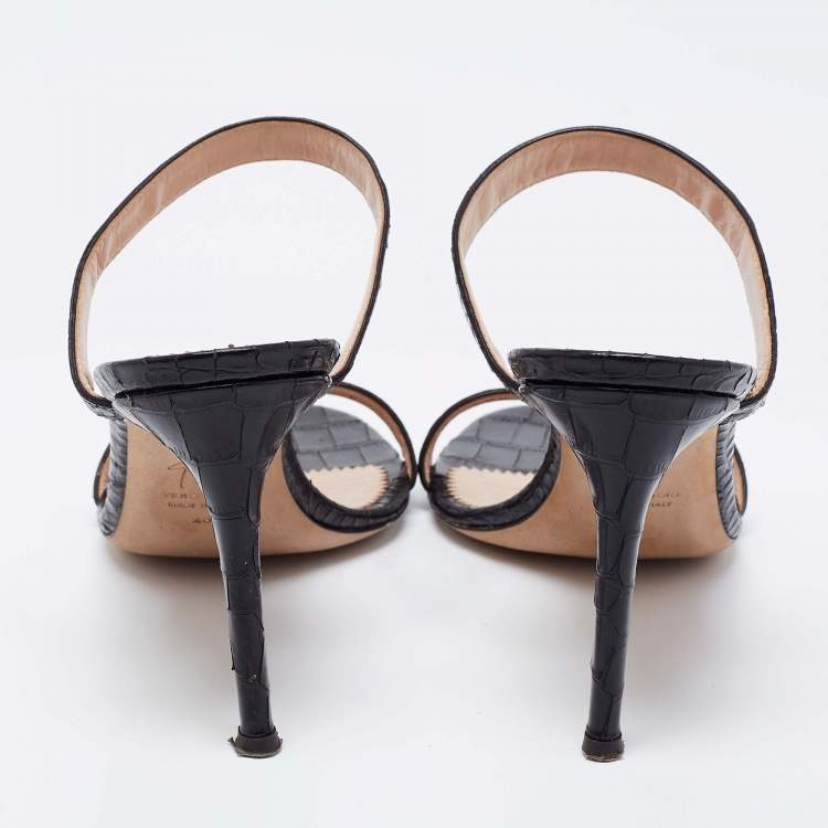 Pre Owned Giuseppe Zanotti Black Croc Embossed Leather Calista Slide Sandals Size 40
