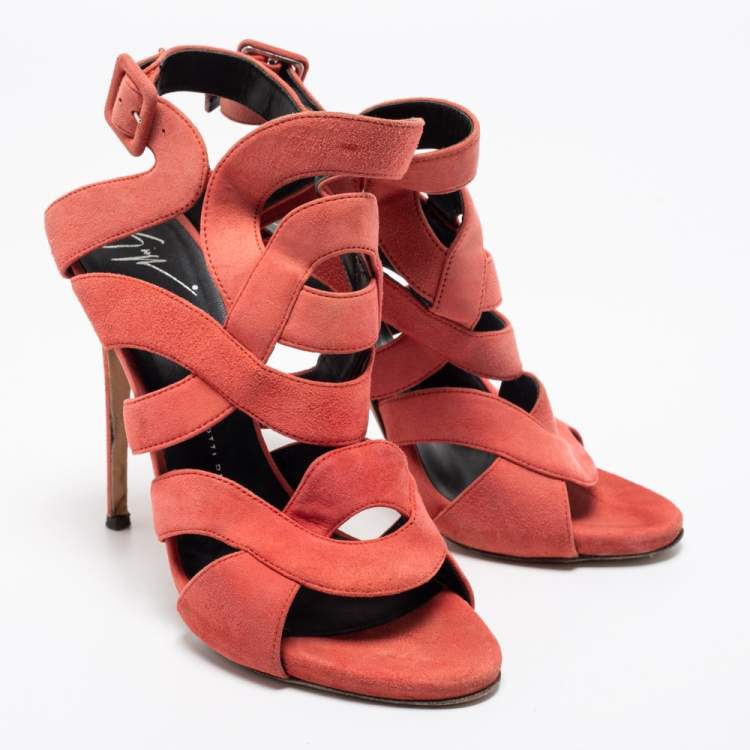 Pre Owned Giuseppe Zanotti Coral Pink Suede Cut Out Cage Sandals Size 40