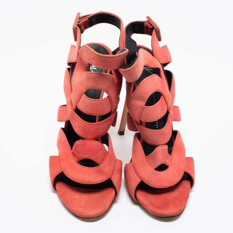 Pre Owned Giuseppe Zanotti Coral Pink Suede Cut Out Cage Sandals Size 40