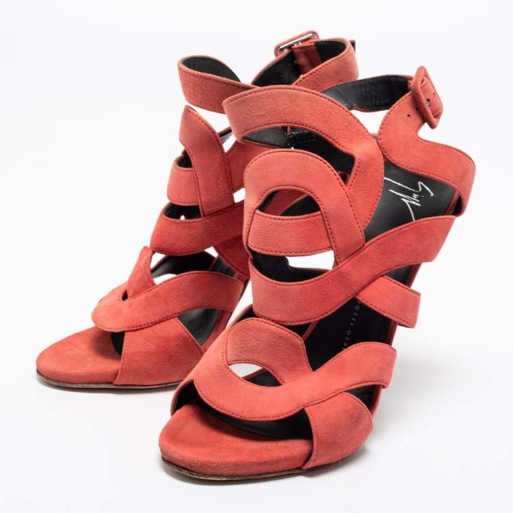 Pre Owned Giuseppe Zanotti Coral Pink Suede Cut Out Cage Sandals Size 40