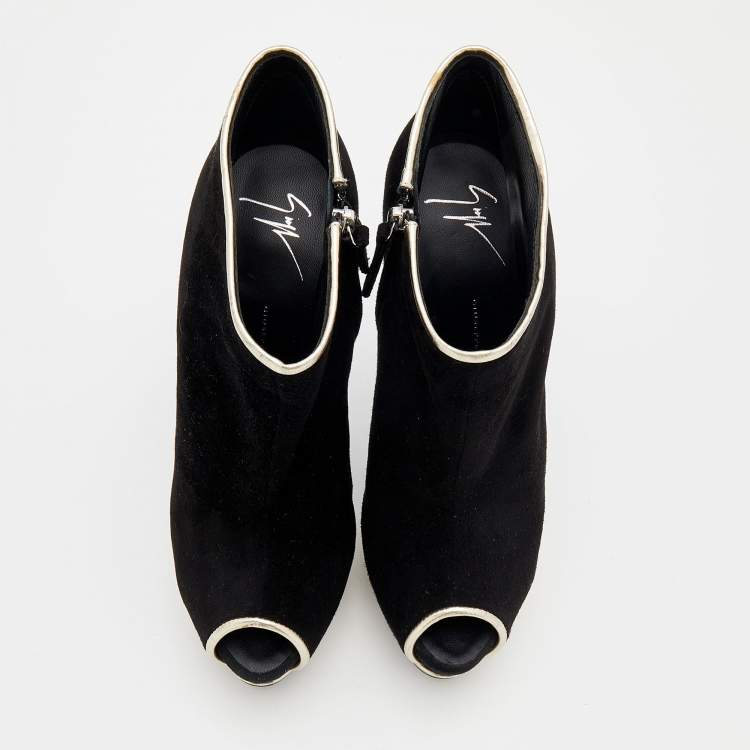 Pre Owned Giuseppe Zanott Black Suede And Leather Peep Toe Platform Ankle Booties Size 40