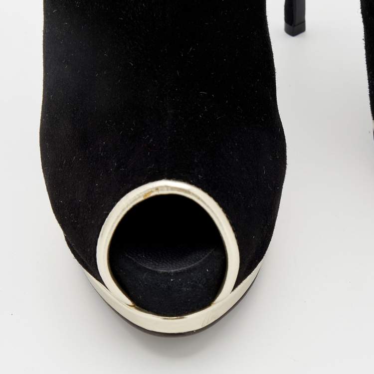 Pre Owned Giuseppe Zanott Black Suede And Leather Peep Toe Platform Ankle Booties Size 40
