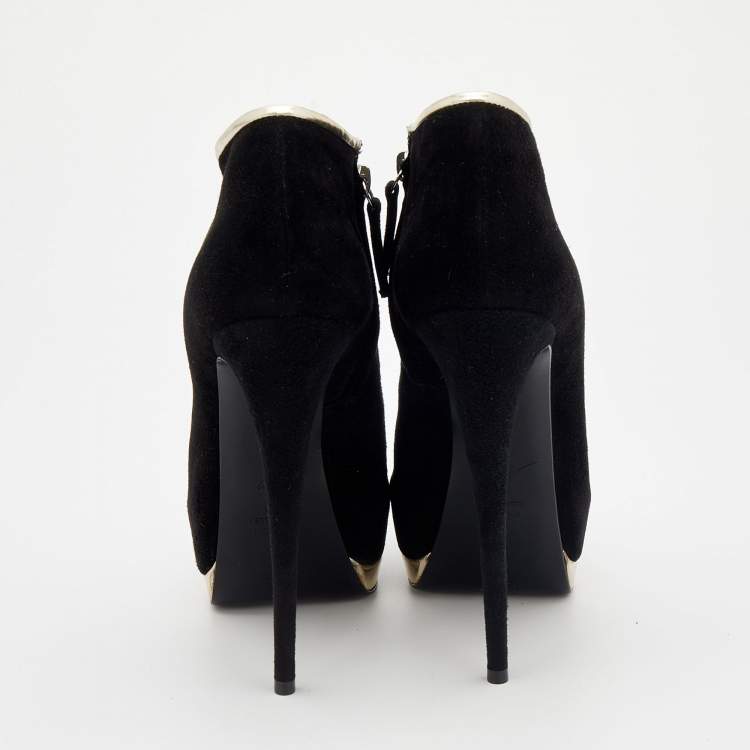 Pre Owned Giuseppe Zanott Black Suede And Leather Peep Toe Platform Ankle Booties Size 40