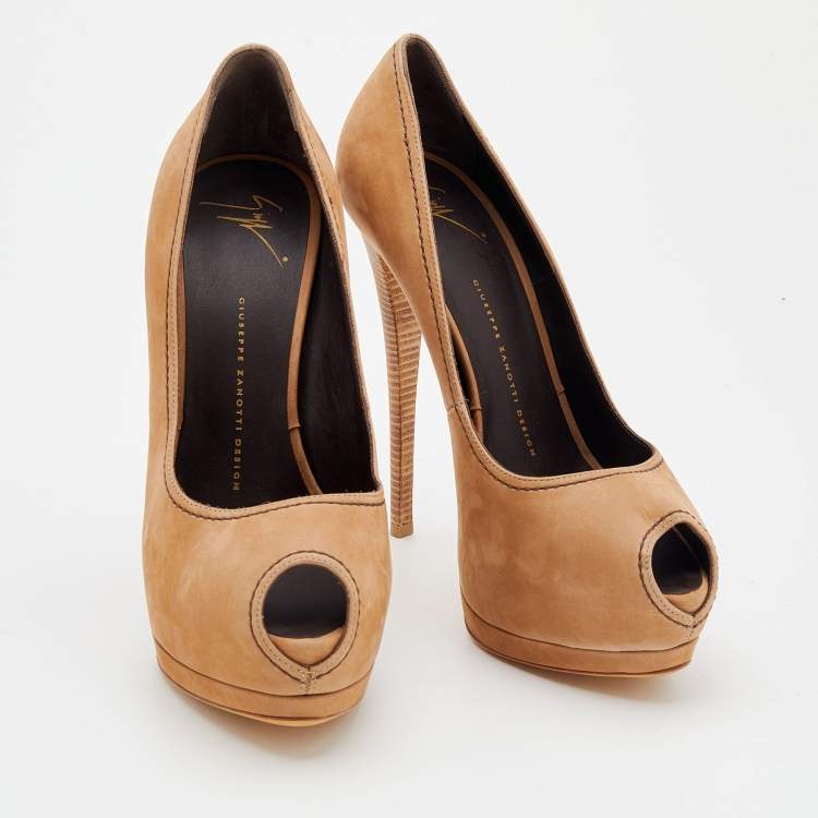 Pre Owned Giuseppe Zanotti Beige Nubuck Leather Peep Toe Platform Pumps Size 40