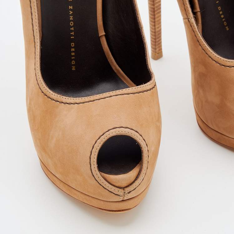 Pre Owned Giuseppe Zanotti Beige Nubuck Leather Peep Toe Platform Pumps Size 40