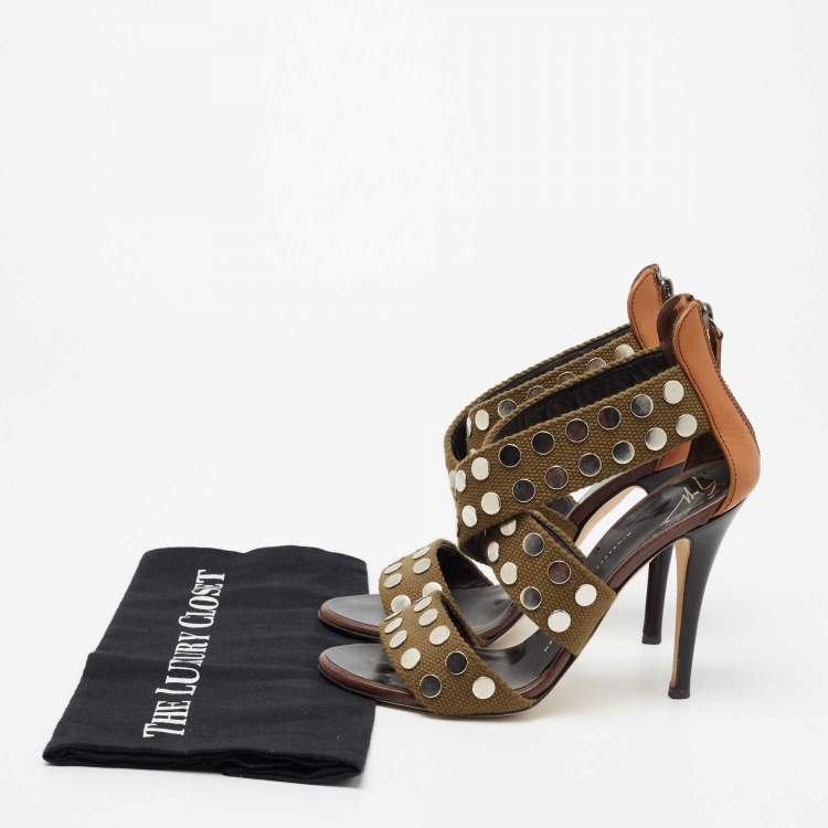 مملوكة مسبقًا Giuseppe Zanotti Olive Green/Brown Studded Canvas And Leather Strappy Sandals Size 38
