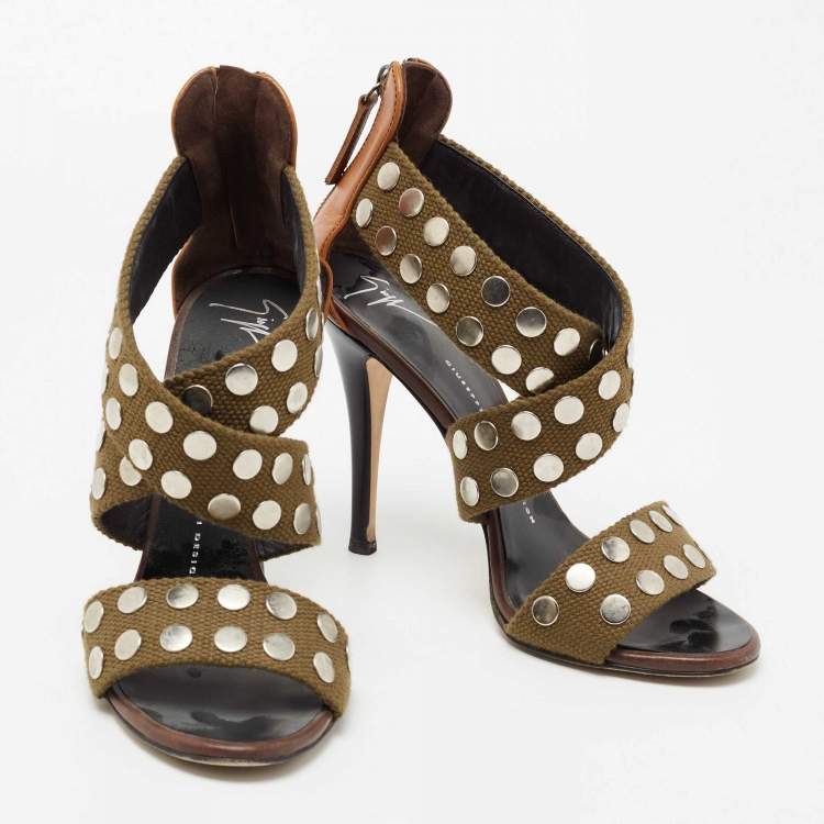 مملوكة مسبقًا Giuseppe Zanotti Olive Green/Brown Studded Canvas And Leather Strappy Sandals Size 38
