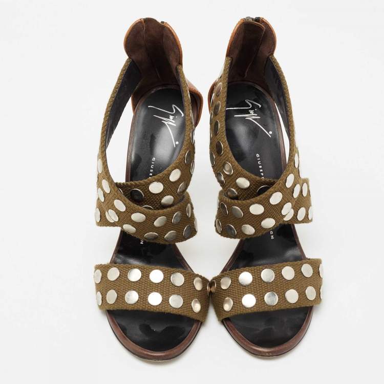 مملوكة مسبقًا Giuseppe Zanotti Olive Green/Brown Studded Canvas And Leather Strappy Sandals Size 38
