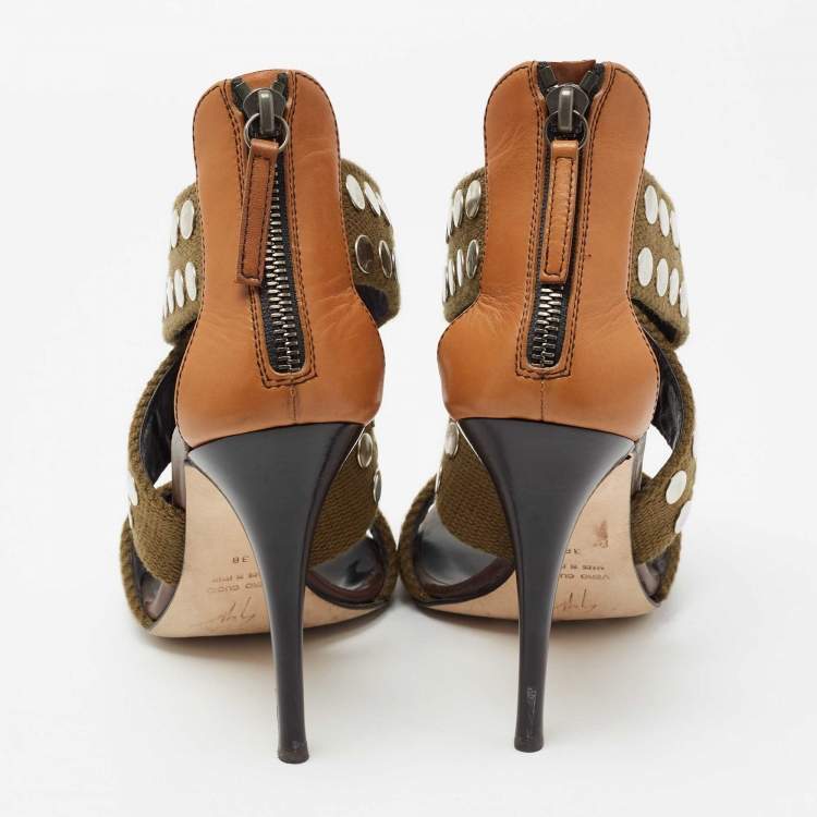مملوكة مسبقًا Giuseppe Zanotti Olive Green/Brown Studded Canvas And Leather Strappy Sandals Size 38