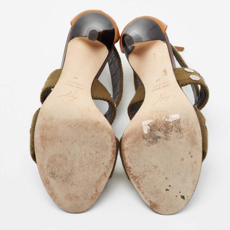 مملوكة مسبقًا Giuseppe Zanotti Olive Green/Brown Studded Canvas And Leather Strappy Sandals Size 38