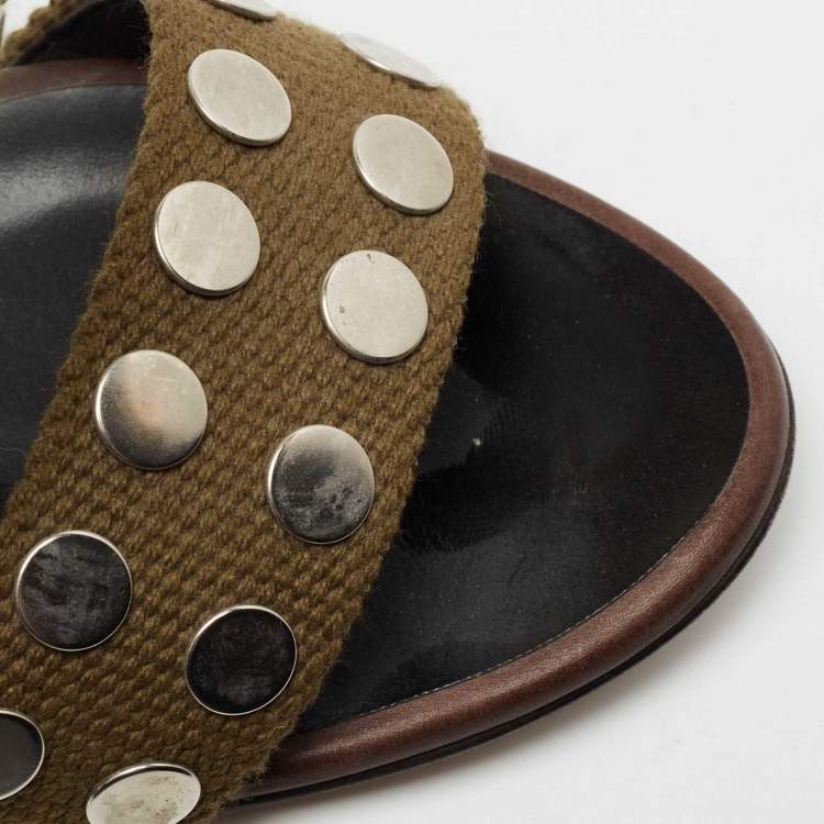 مملوكة مسبقًا Giuseppe Zanotti Olive Green/Brown Studded Canvas And Leather Strappy Sandals Size 38