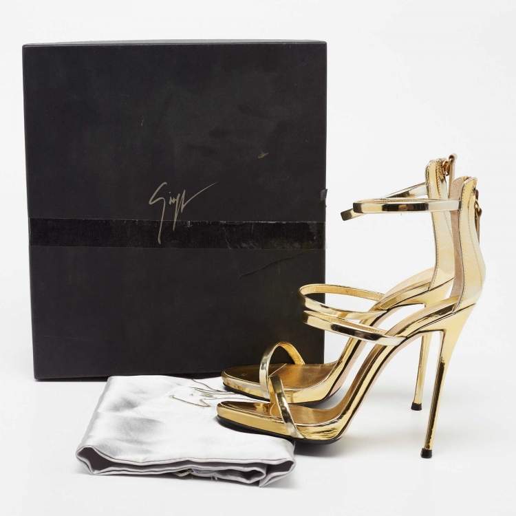 Pre Owned Giuseppe Zanotti Gold Leather Harmony Ankle-Strap Sandals Size 37
