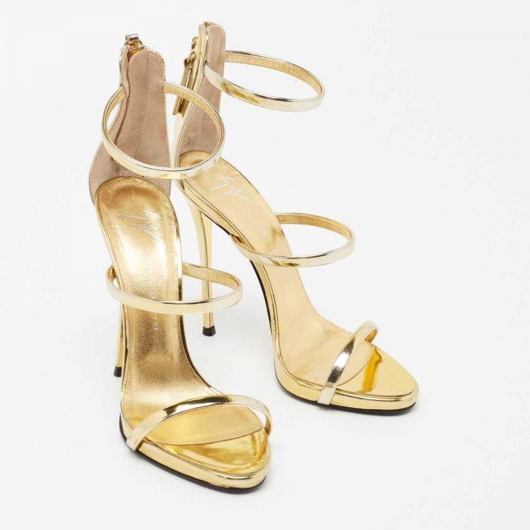 Pre Owned Giuseppe Zanotti Gold Leather Harmony Ankle-Strap Sandals Size 37