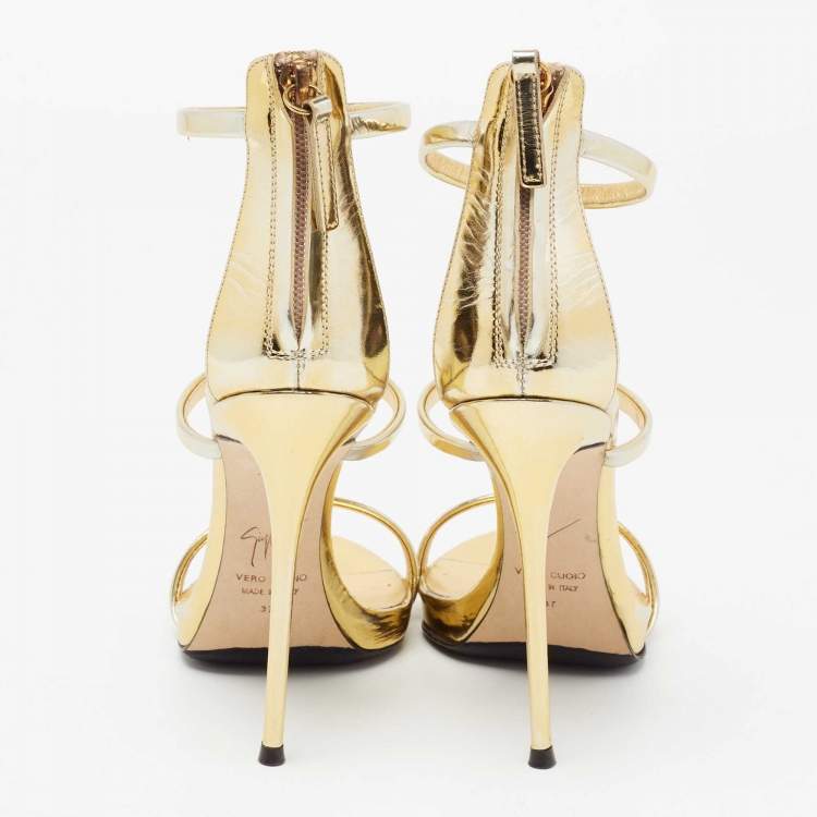 Pre Owned Giuseppe Zanotti Gold Leather Harmony Ankle-Strap Sandals Size 37