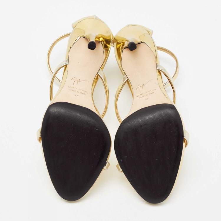 Pre Owned Giuseppe Zanotti Gold Leather Harmony Ankle-Strap Sandals Size 37