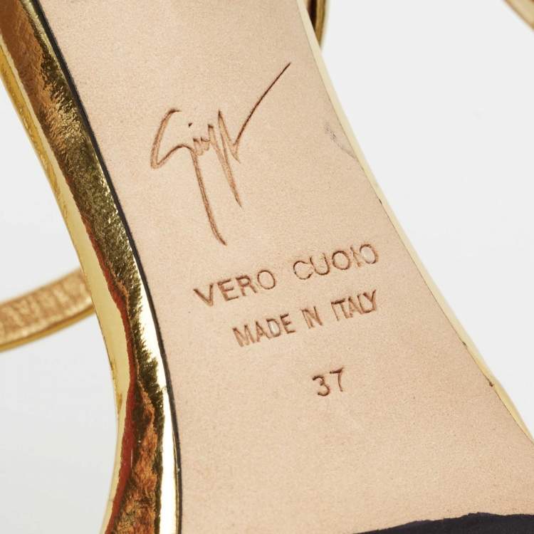 Pre Owned Giuseppe Zanotti Gold Leather Harmony Ankle-Strap Sandals Size 37