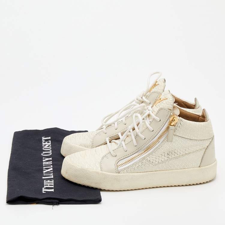 Pre Owned Giuseppe Zanotti Cream Python Embossed Leather Double Zip High Top Sneakers Size 39