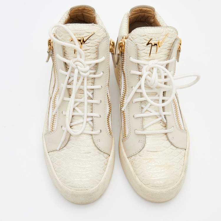 Pre Owned Giuseppe Zanotti Cream Python Embossed Leather Double Zip High Top Sneakers Size 39