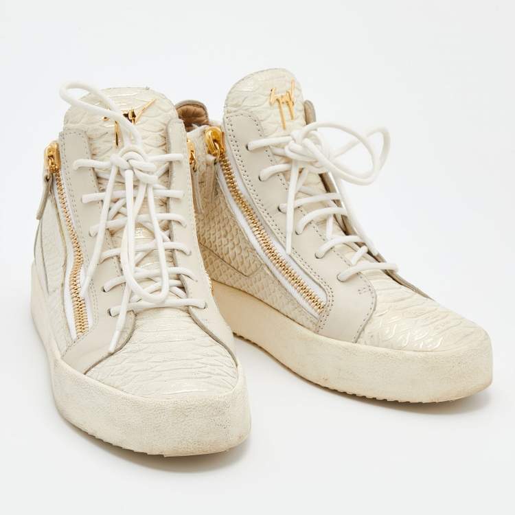 Pre Owned Giuseppe Zanotti Cream Python Embossed Leather Double Zip High Top Sneakers Size 39
