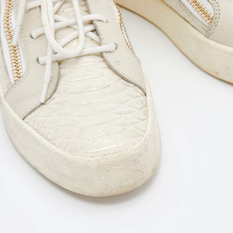 Pre Owned Giuseppe Zanotti Cream Python Embossed Leather Double Zip High Top Sneakers Size 39