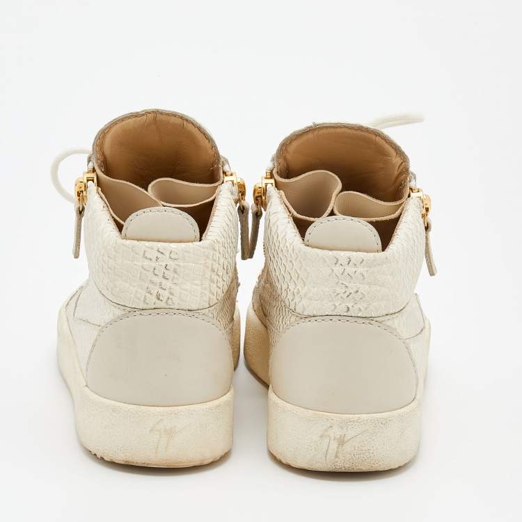 Pre Owned Giuseppe Zanotti Cream Python Embossed Leather Double Zip High Top Sneakers Size 39