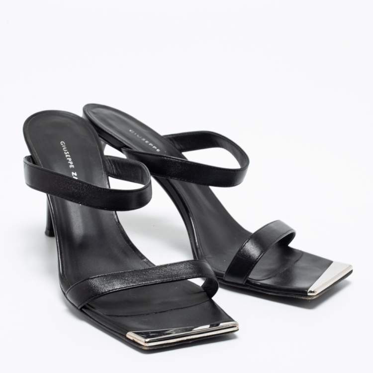 Pre Owned Giuseppe Zanotti Black Leather Square Toe Slide Sandals Size 37