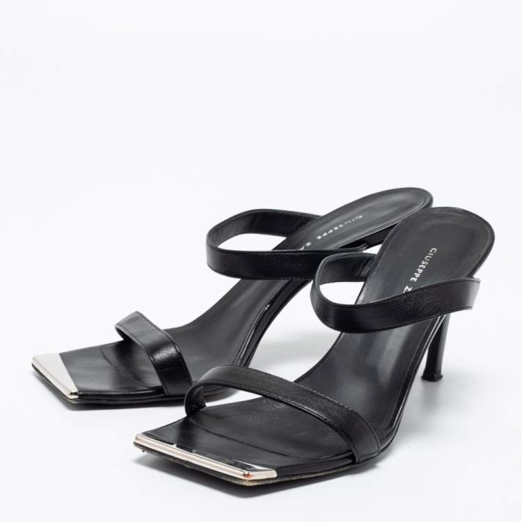 Pre Owned Giuseppe Zanotti Black Leather Square Toe Slide Sandals Size 37