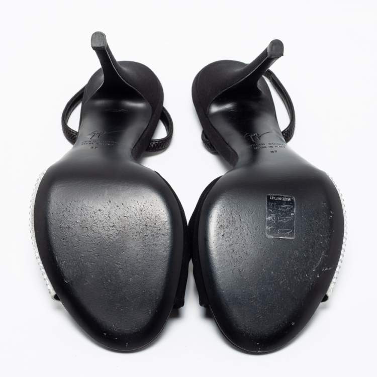 Pre Owned Giuseppe Zanotti Black/White Leather And Suede Crystal Embellished Allen Slingback Sandals Size 37