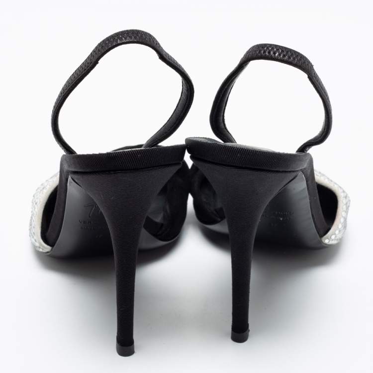 Pre Owned Giuseppe Zanotti Black/White Leather And Suede Crystal Embellished Allen Slingback Sandals Size 37