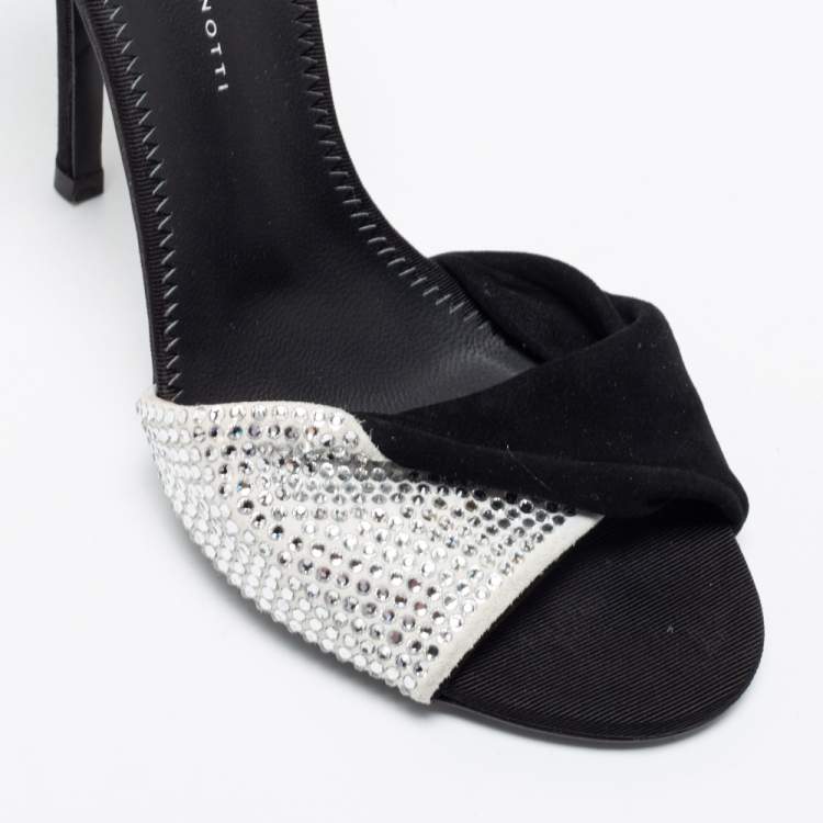 Pre Owned Giuseppe Zanotti Black/White Leather And Suede Crystal Embellished Allen Slingback Sandals Size 37