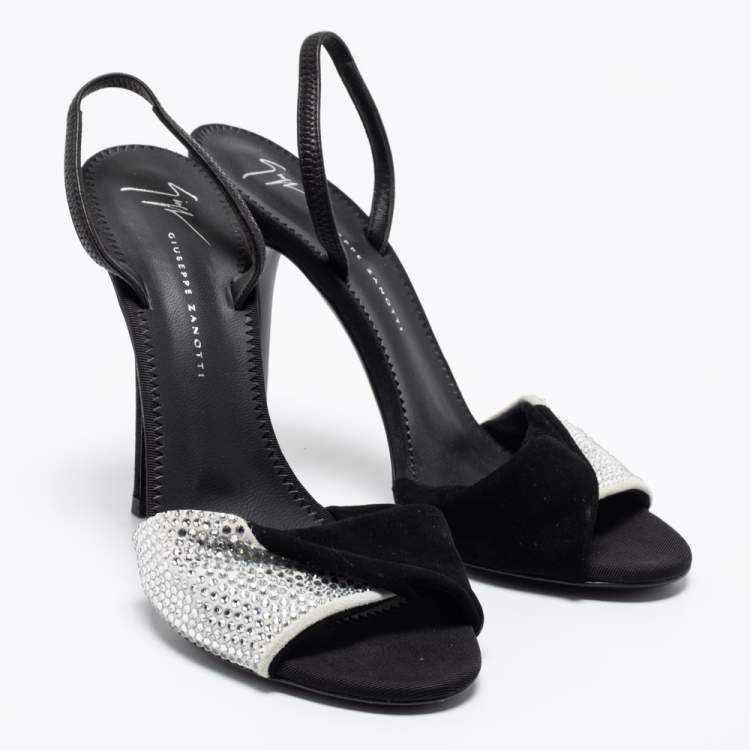 Pre Owned Giuseppe Zanotti Black/White Leather And Suede Crystal Embellished Allen Slingback Sandals Size 37