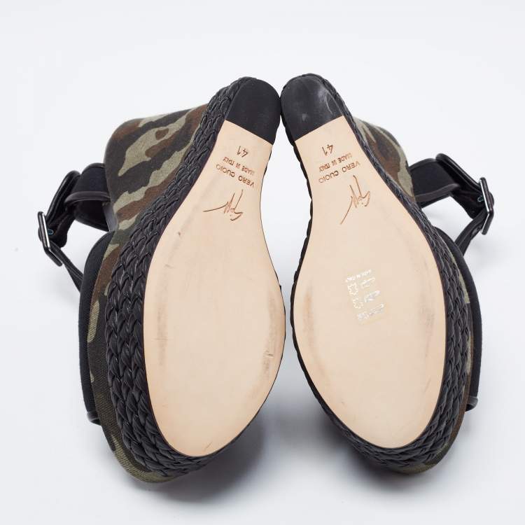 Pre Owned Giuseppe Zanotti Black Canvas And Leather Braided Camouflage Platform Wedge Sandals Size 41