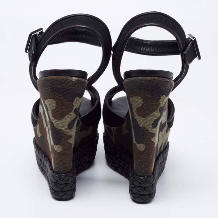 Pre Owned Giuseppe Zanotti Black Canvas And Leather Braided Camouflage Platform Wedge Sandals Size 41