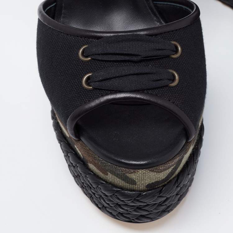 Pre Owned Giuseppe Zanotti Black Canvas And Leather Braided Camouflage Platform Wedge Sandals Size 41