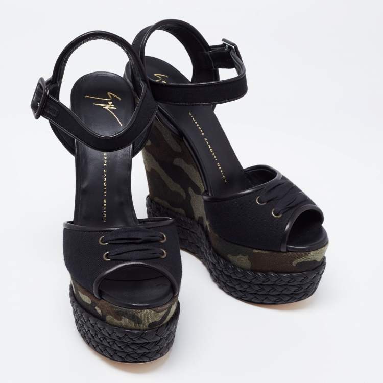 Pre Owned Giuseppe Zanotti Black Canvas And Leather Braided Camouflage Platform Wedge Sandals Size 41