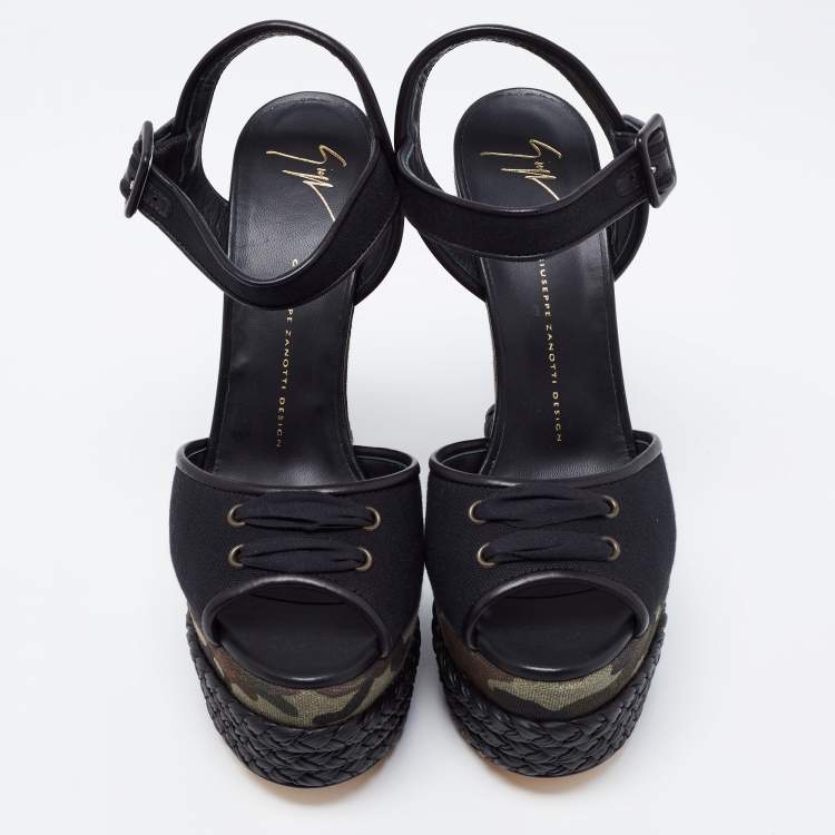 Pre Owned Giuseppe Zanotti Black Canvas And Leather Braided Camouflage Platform Wedge Sandals Size 41