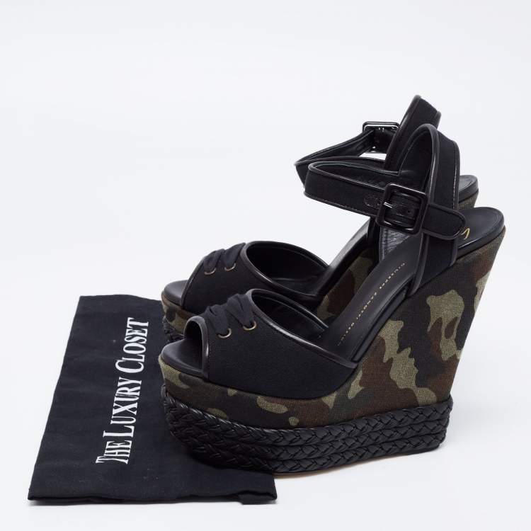 Pre Owned Giuseppe Zanotti Black Canvas And Leather Braided Camouflage Platform Wedge Sandals Size 41