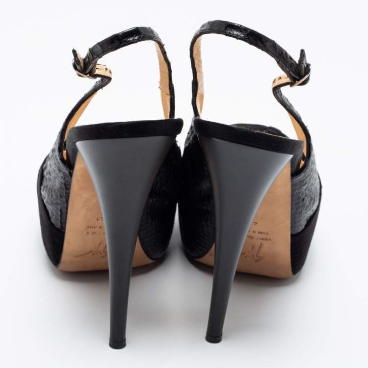 Pre Owned Giuseppe Zanotti Black Python Embossed Leather and Pleated Satin Peep-Toe Slingback Pumps Size 41