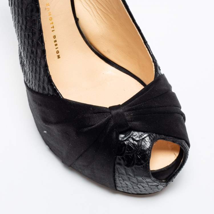 Pre Owned Giuseppe Zanotti Black Python Embossed Leather and Pleated Satin Peep-Toe Slingback Pumps Size 41