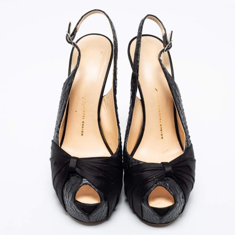 Pre Owned Giuseppe Zanotti Black Python Embossed Leather and Pleated Satin Peep-Toe Slingback Pumps Size 41