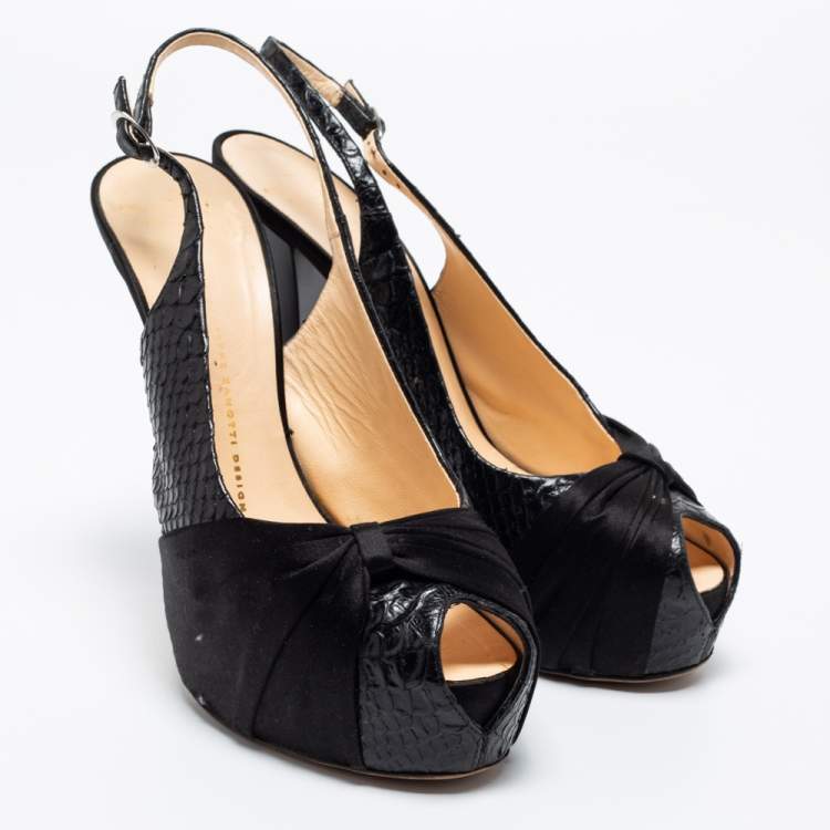 Pre Owned Giuseppe Zanotti Black Python Embossed Leather and Pleated Satin Peep-Toe Slingback Pumps Size 41