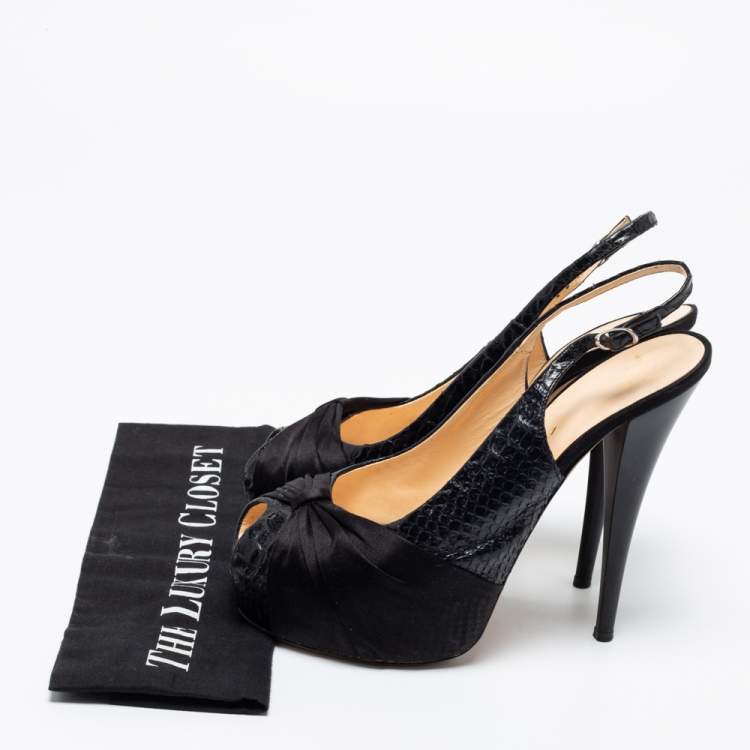 Pre Owned Giuseppe Zanotti Black Python Embossed Leather and Pleated Satin Peep-Toe Slingback Pumps Size 41