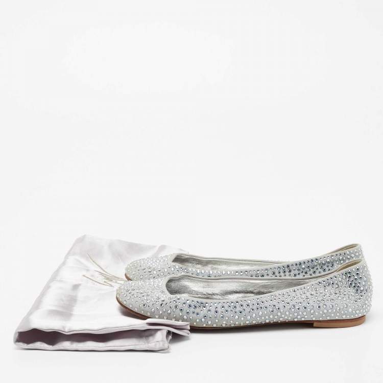 Pre Owned Giuseppe Zanotti Grey Suede Crystal Embellished Ballet Flats Size 38