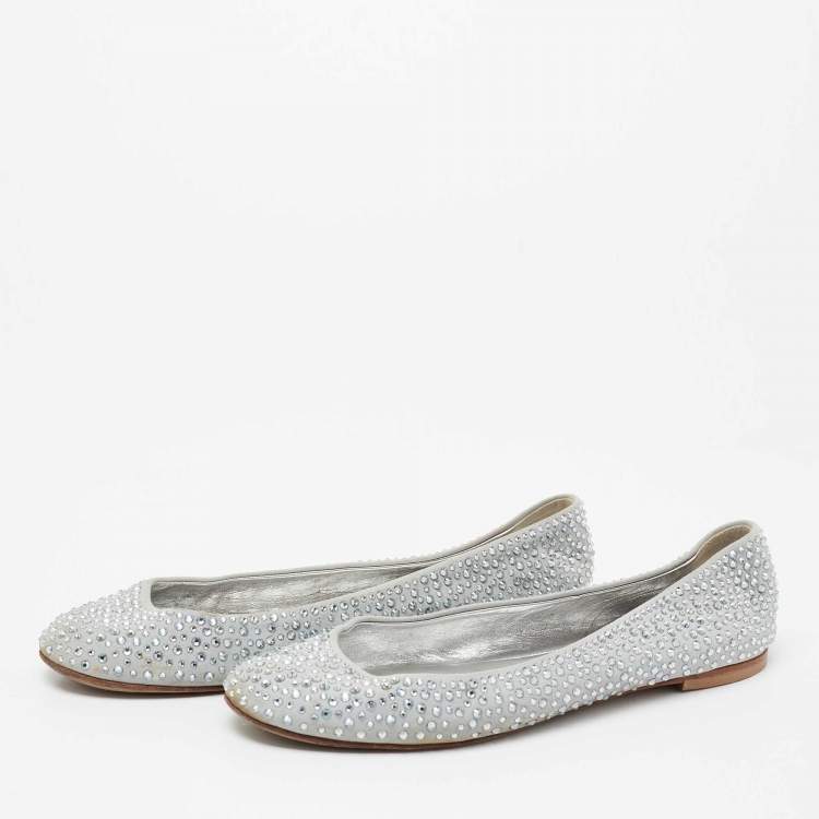 Pre Owned Giuseppe Zanotti Grey Suede Crystal Embellished Ballet Flats Size 38