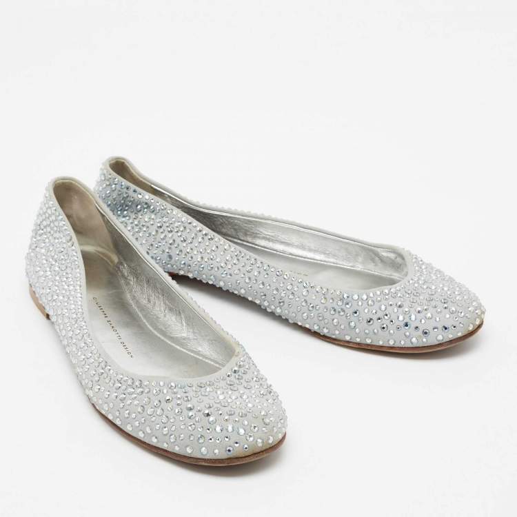 Pre Owned Giuseppe Zanotti Grey Suede Crystal Embellished Ballet Flats Size 38