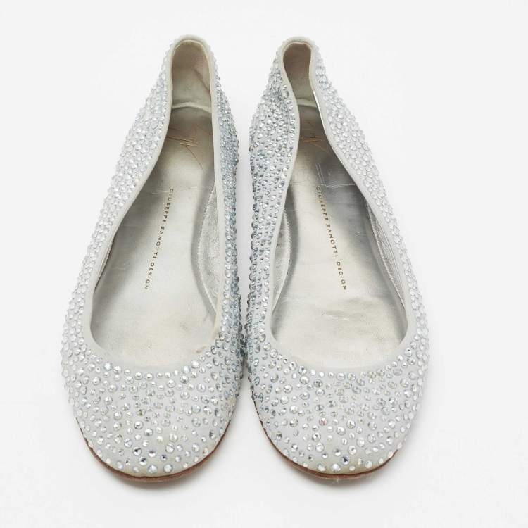Pre Owned Giuseppe Zanotti Grey Suede Crystal Embellished Ballet Flats Size 38